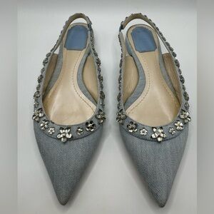 Authentic Christian Dior Garland Denim Slingback Flats Crystal Embellished 38.5